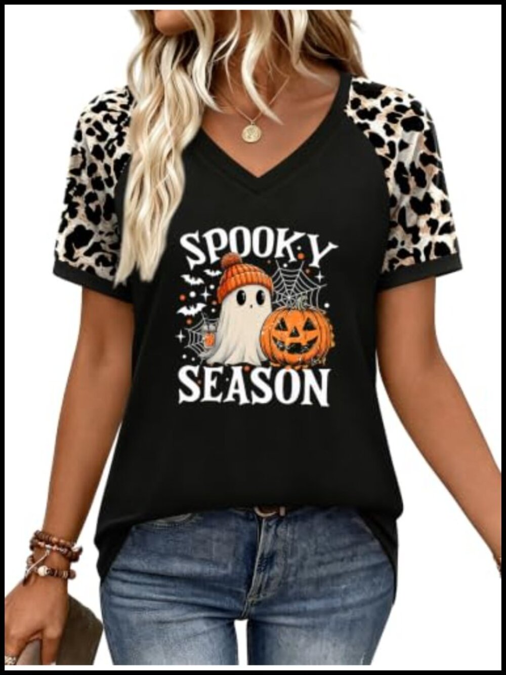 Women's Halloween Ghost T-Shirt V-Neck Leopard Plaid Raglan